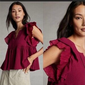 By Anthropolgie Caroline Raspberry Babydoll Blouse Ruffled Flounce sleev…
